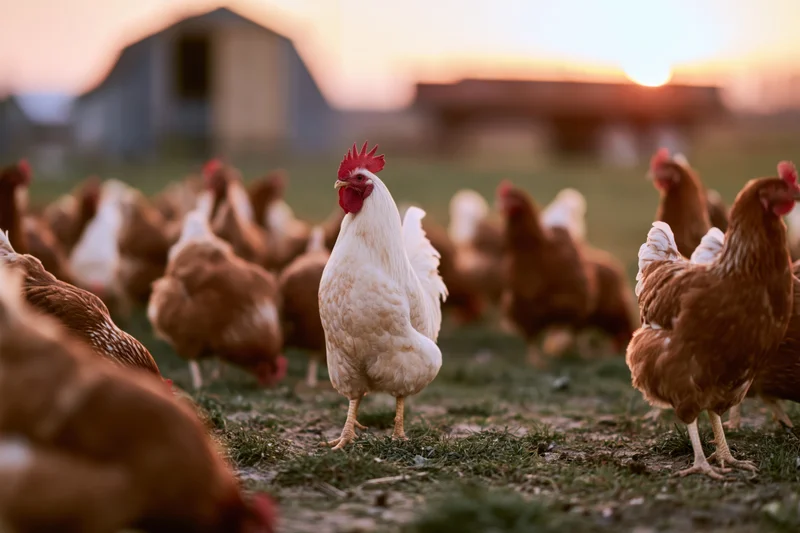 White rooster standing alert among brown hens in a grassy farm field at sunset