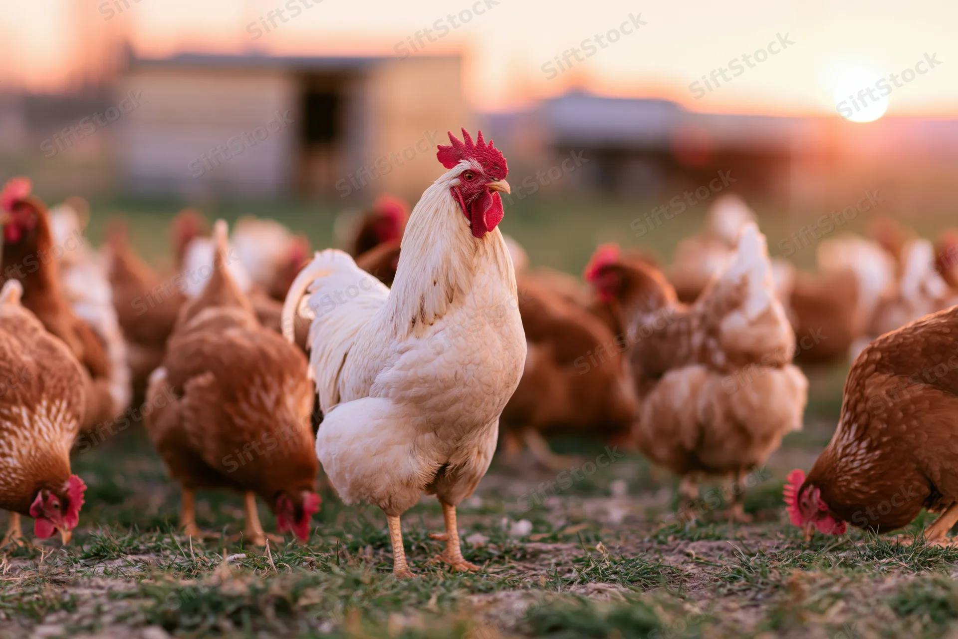 White rooster standing alert among brown hens on a grassy farm field at sunrise