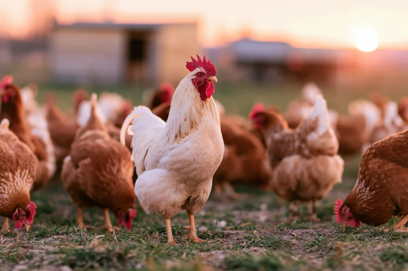 White rooster standing alert among brown hens on a grassy farm field at sunrise