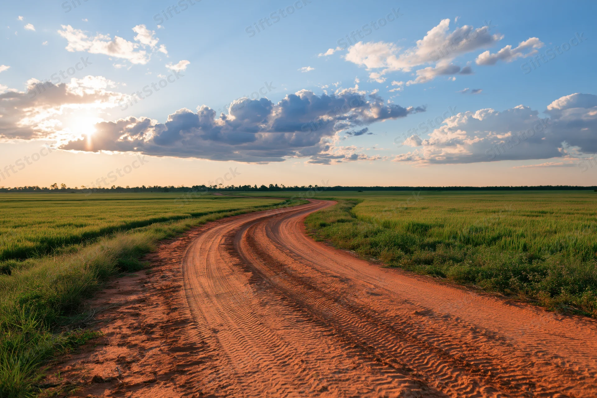 Winding dirt road curving through flat green fields at sunset