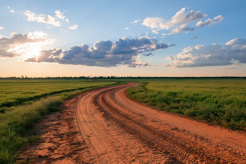 Winding dirt road curving through flat green fields at sunset