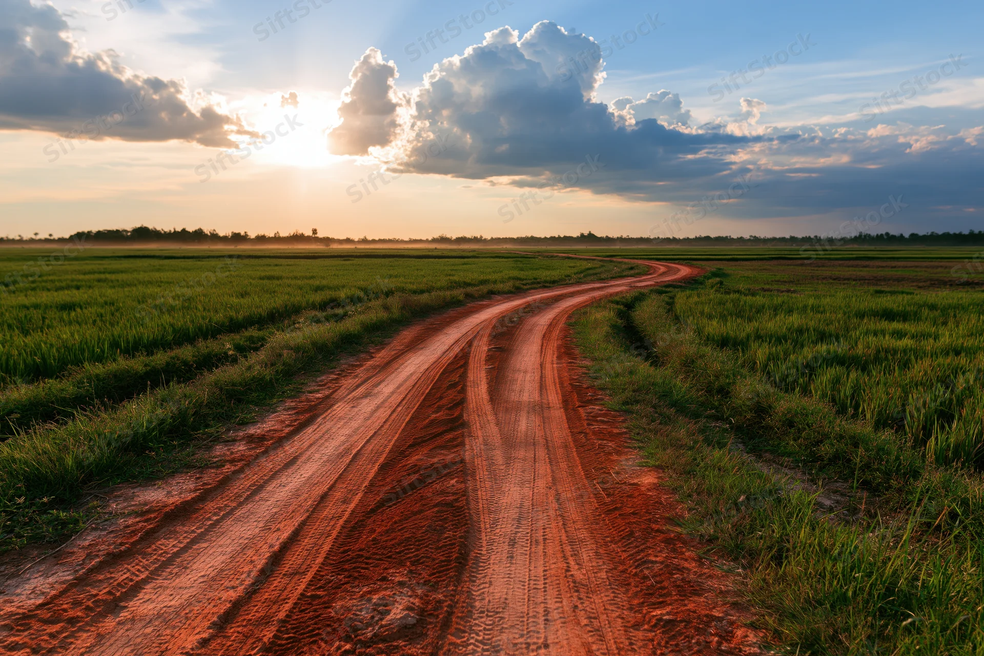 Winding dirt road with tire tracks curving through green fields at sunset