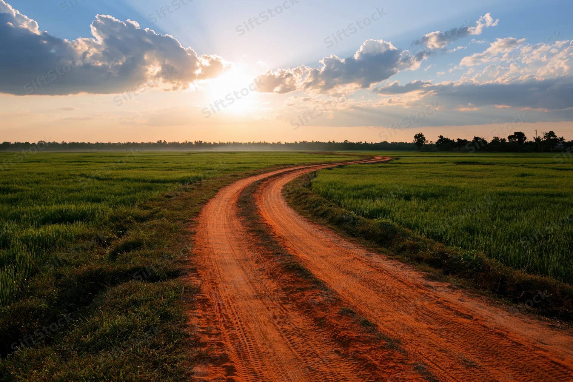 Winding dirt road curving through green rice fields at sunset
