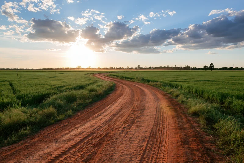 Winding dirt road with tire tracks curving through flat green fields at sunset