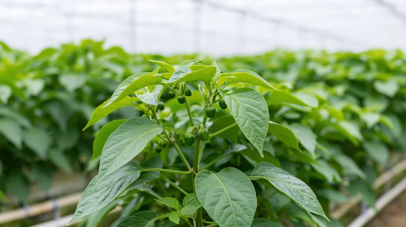Young pepper plant with small green fruits growing in a greenhouse row