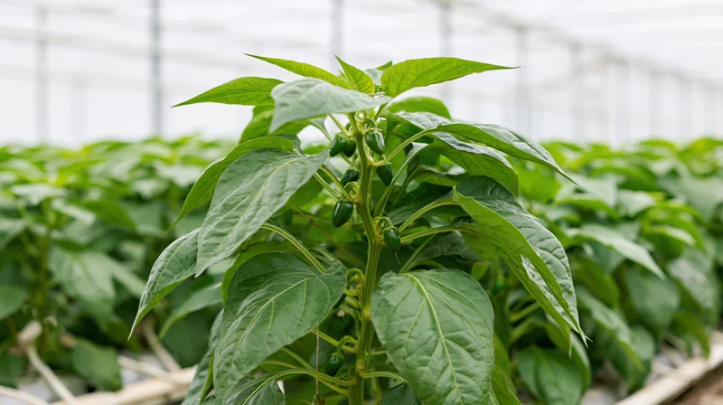 Young pepper plant with small green fruits growing in a greenhouse