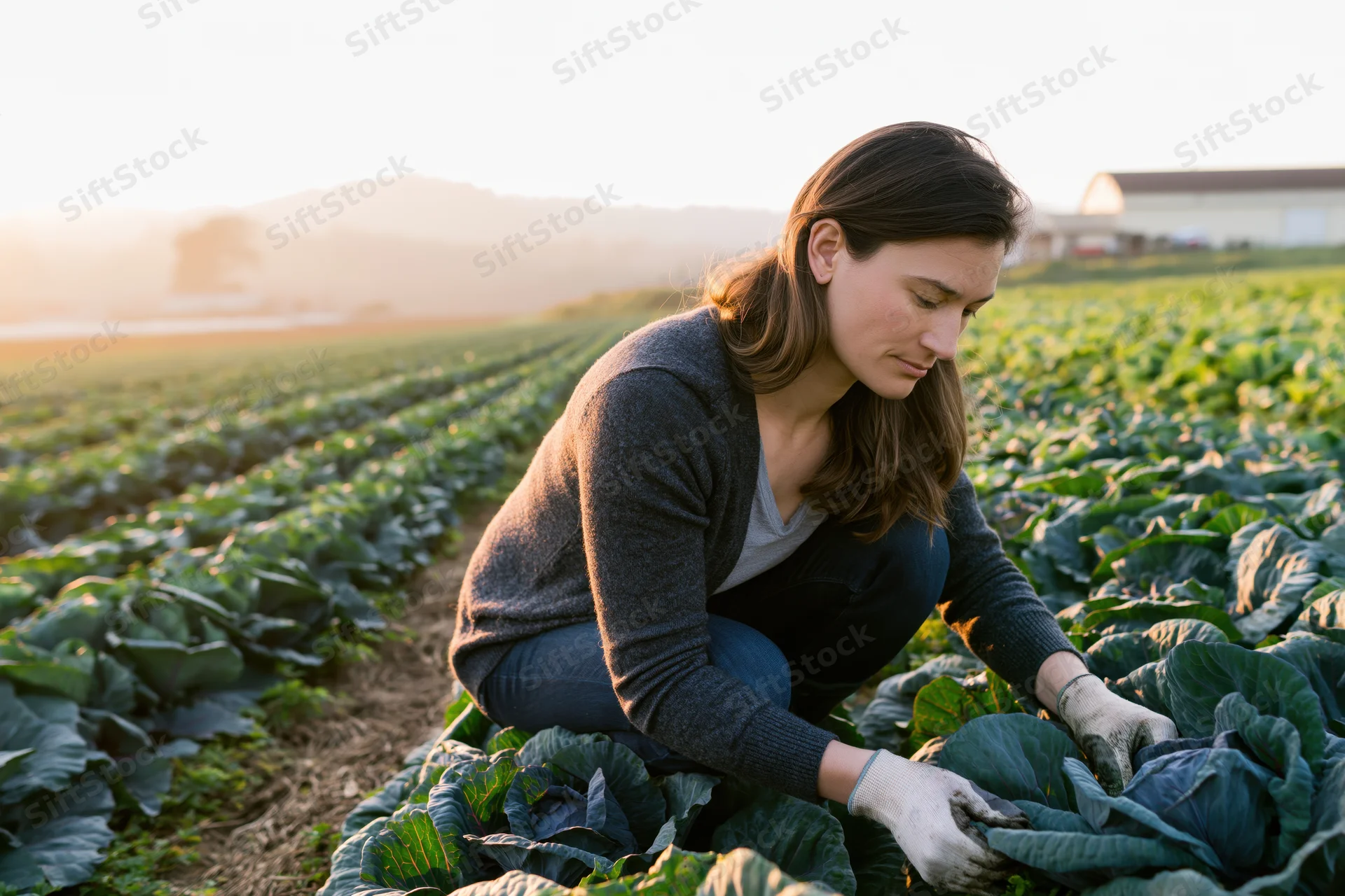 Young woman crouching to harvest cabbage in a field at sunset