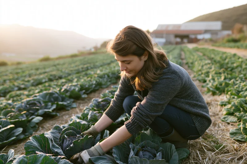 Woman crouching to harvest cabbage in a field at golden hour