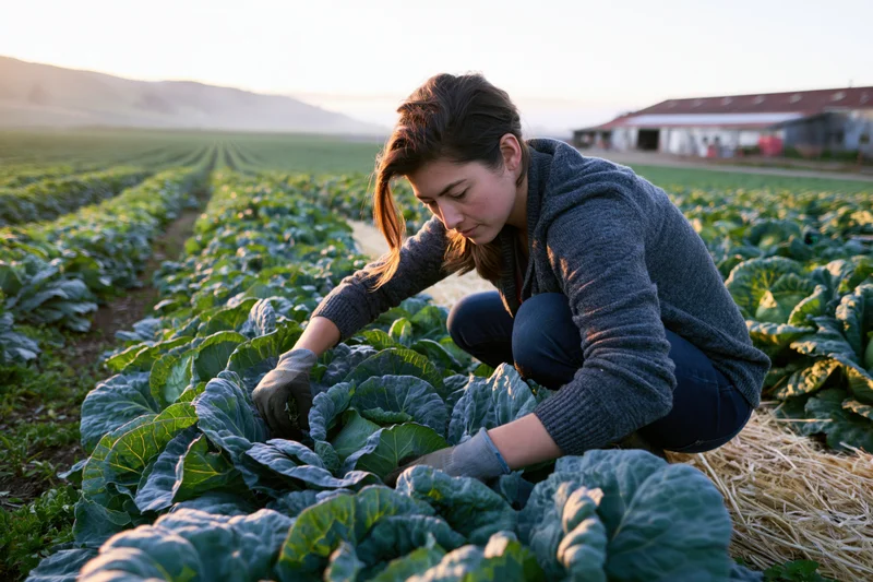 Young woman crouching to harvest cabbage in a farm field at sunrise