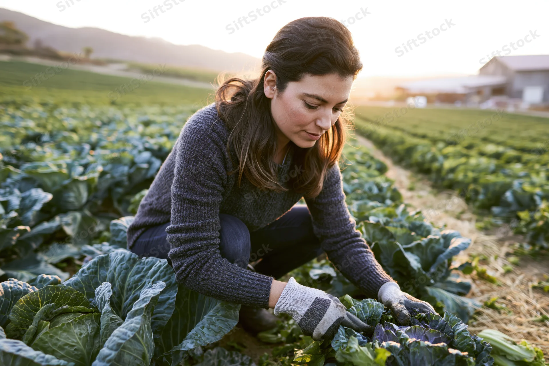 Woman crouching to harvest cabbage in a field at sunset