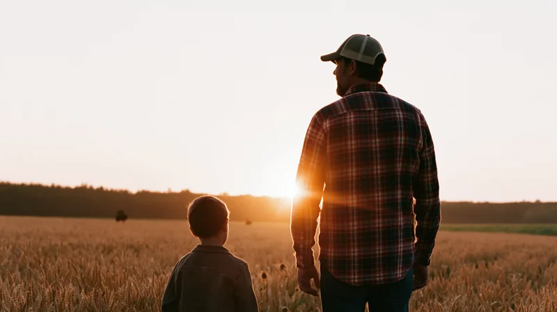 Father and son standing side by side in a wheat field at sunset