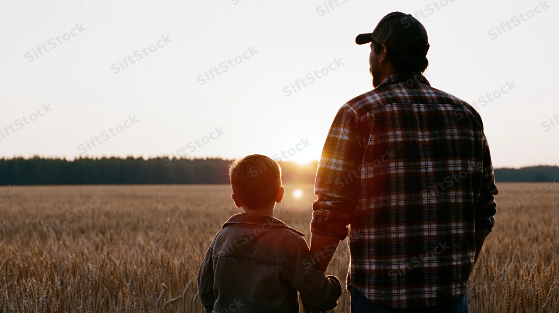 Father and son standing side by side in a wheat field at sunset