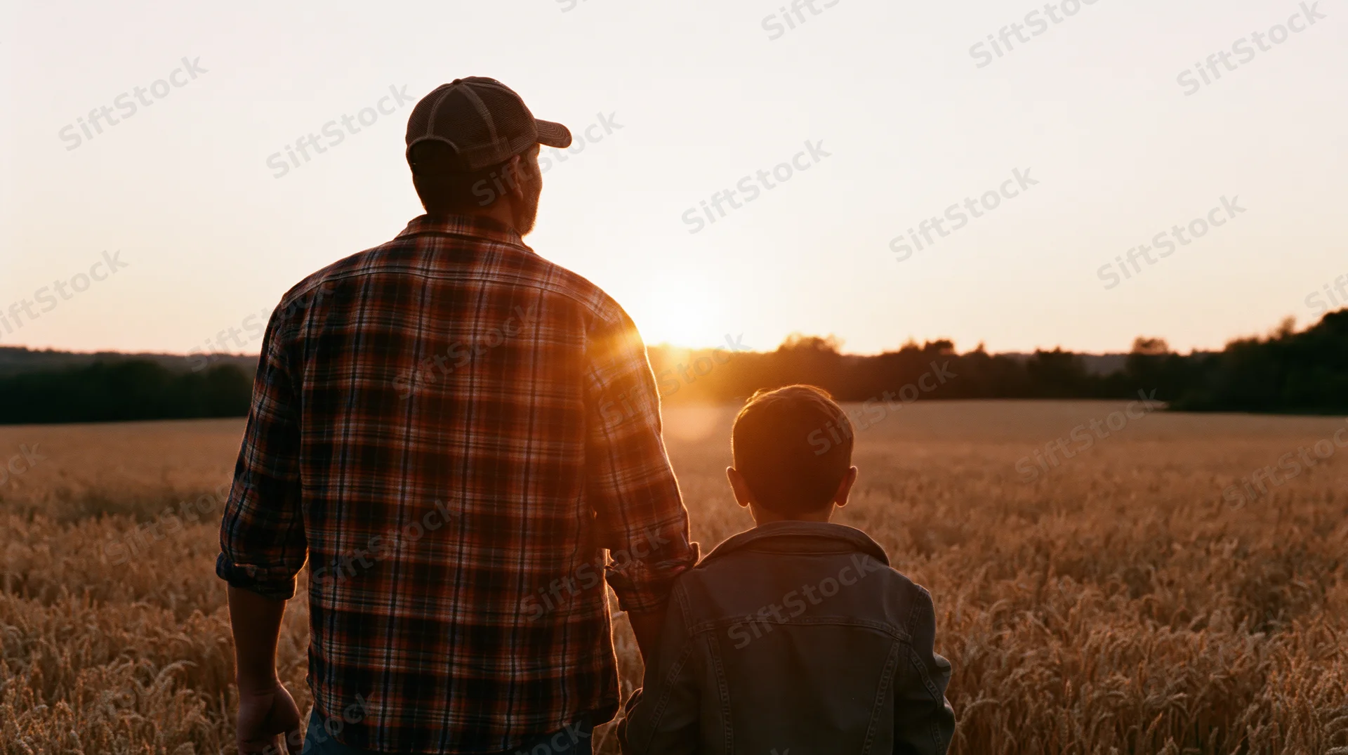 Father and son standing side by side in a wheat field at sunset
