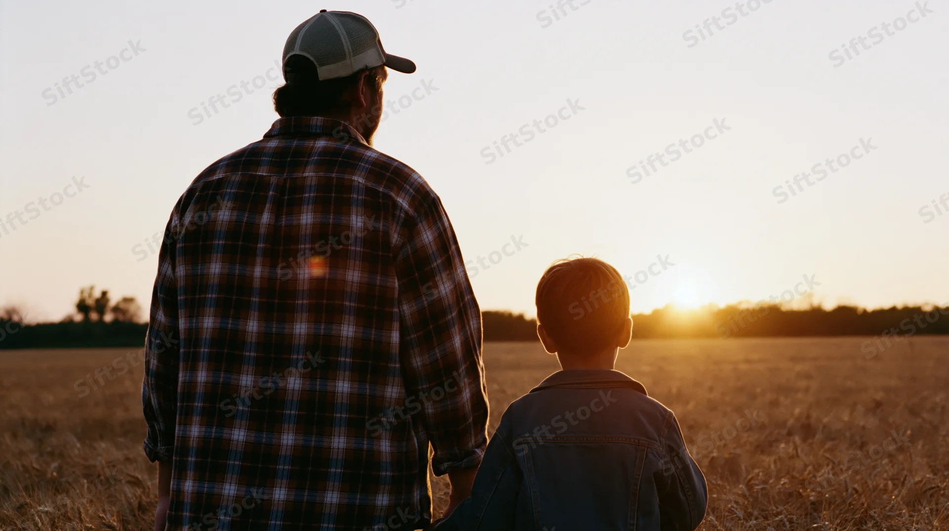 Father and son standing side by side in a wheat field at sunset