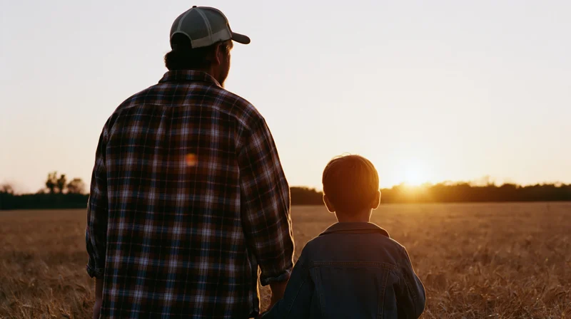 Father and son standing side by side in a wheat field at sunset