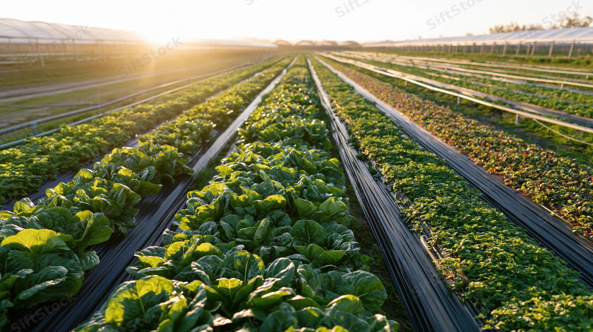 Rows of leafy vegetables growing in a commercial farm field at sunrise