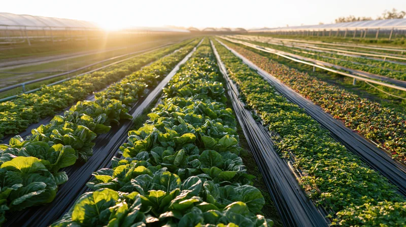 Rows of leafy vegetables growing in a commercial farm field at sunrise