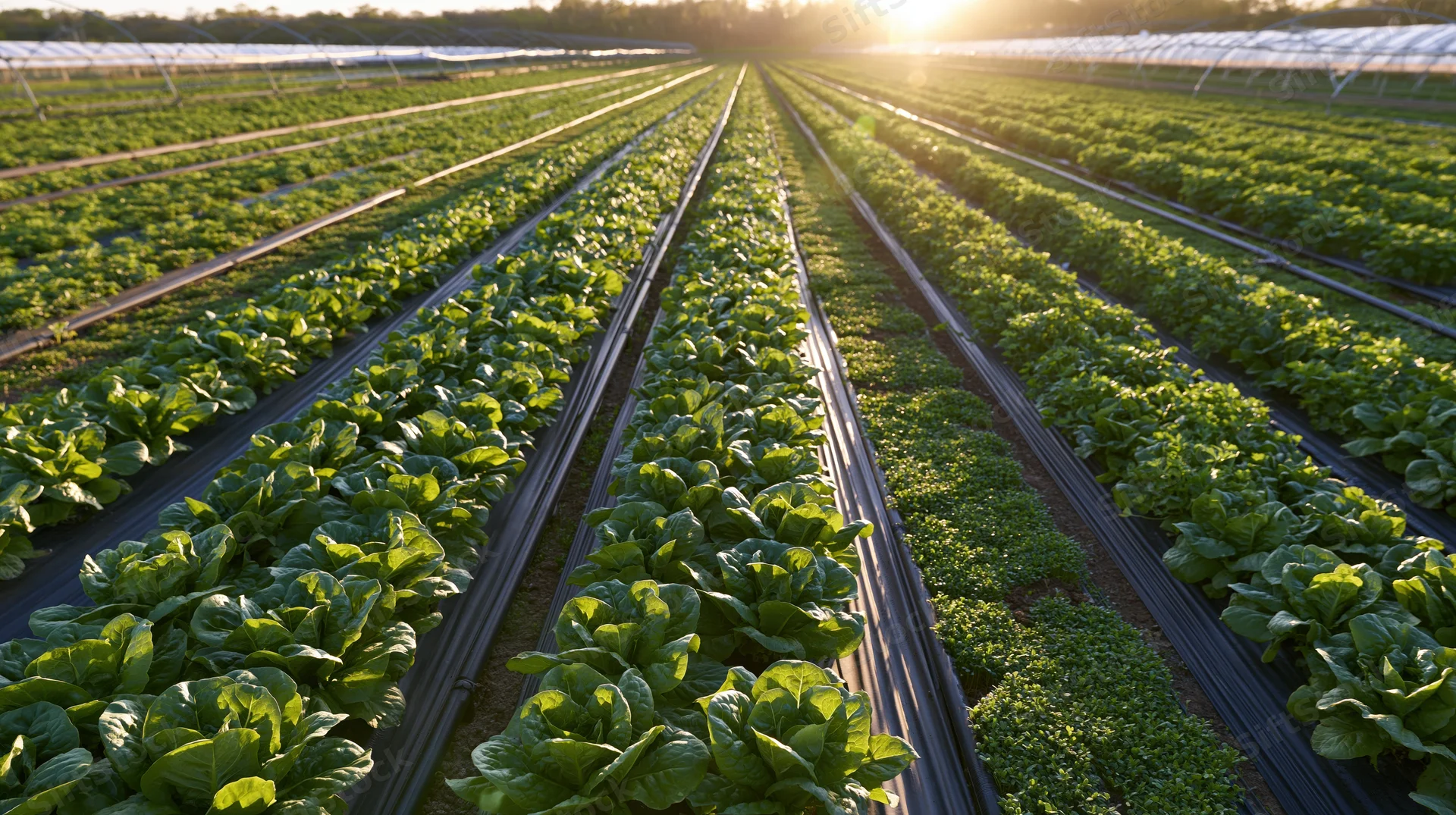 Rows of lettuce growing in a commercial farm field at sunrise with irrigation lines and greenhouse structures in the background