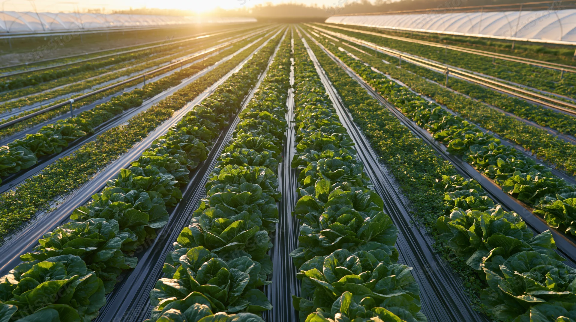 Rows of lettuce growing in a commercial farm field at sunrise