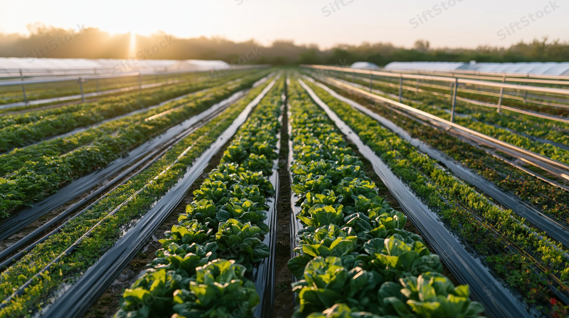Rows of lettuce growing in a commercial farm field at sunrise with plastic mulch and greenhouses in the distance