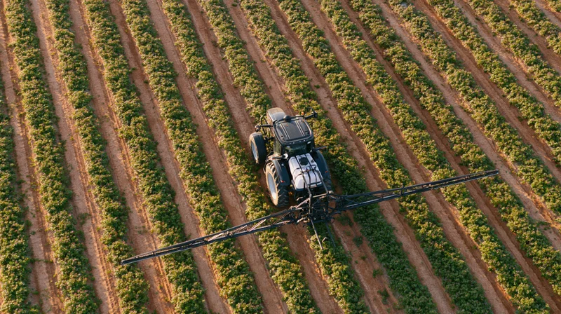 Aerial view of a black tractor spraying crops in a field