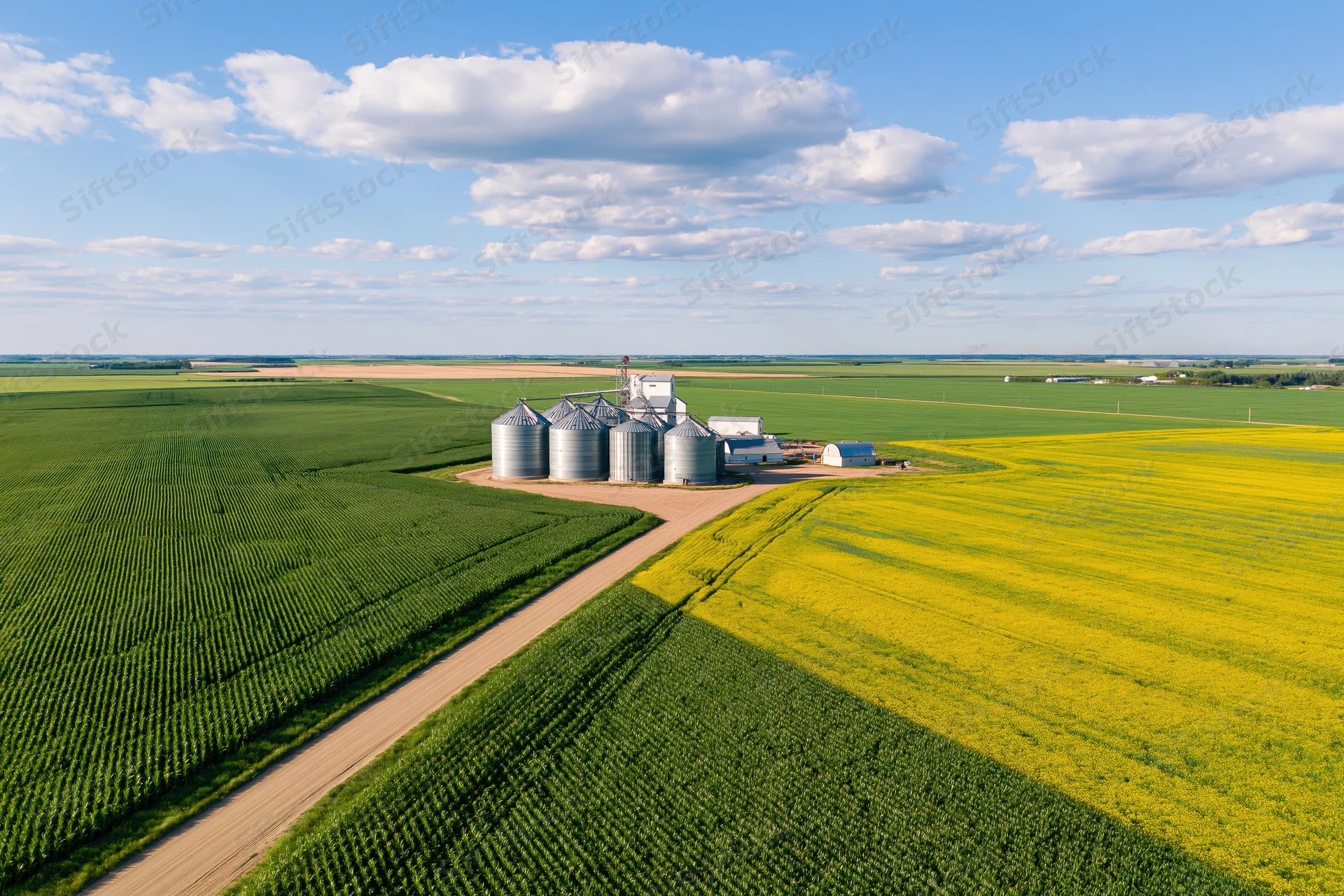 Aerial view of farm with silos and fields of corn and canola under blue sky with clouds