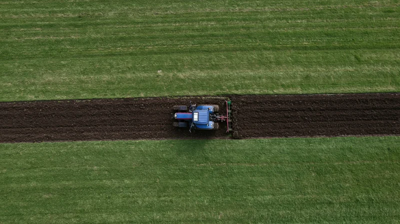 Blue and red tractor plowing a field from above
