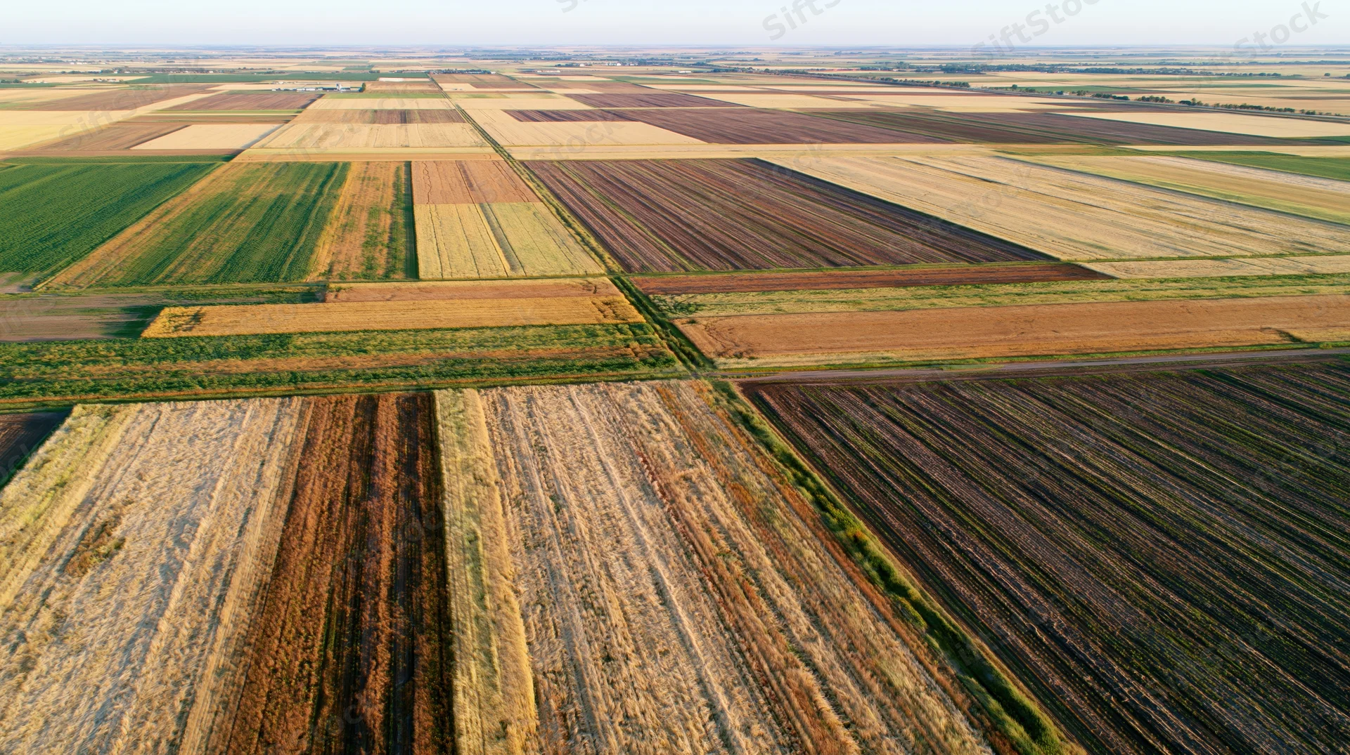 Aerial view of patchwork farmland with plowed fields and crops in rural landscape