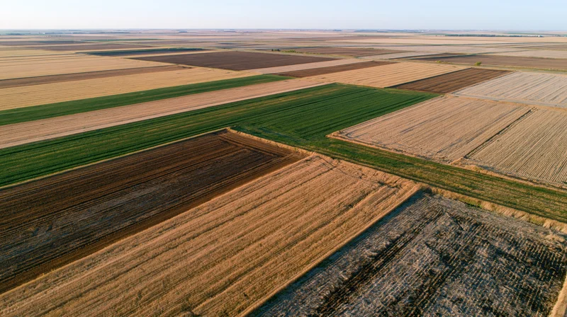 Aerial view of patchwork farmland with plowed and cultivated fields in rural landscape