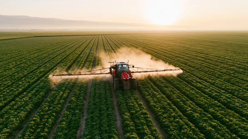 Red tractor spraying crops in a vast green field at sunset