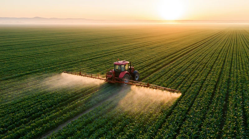 Red tractor spraying crops in a vast green field at sunrise