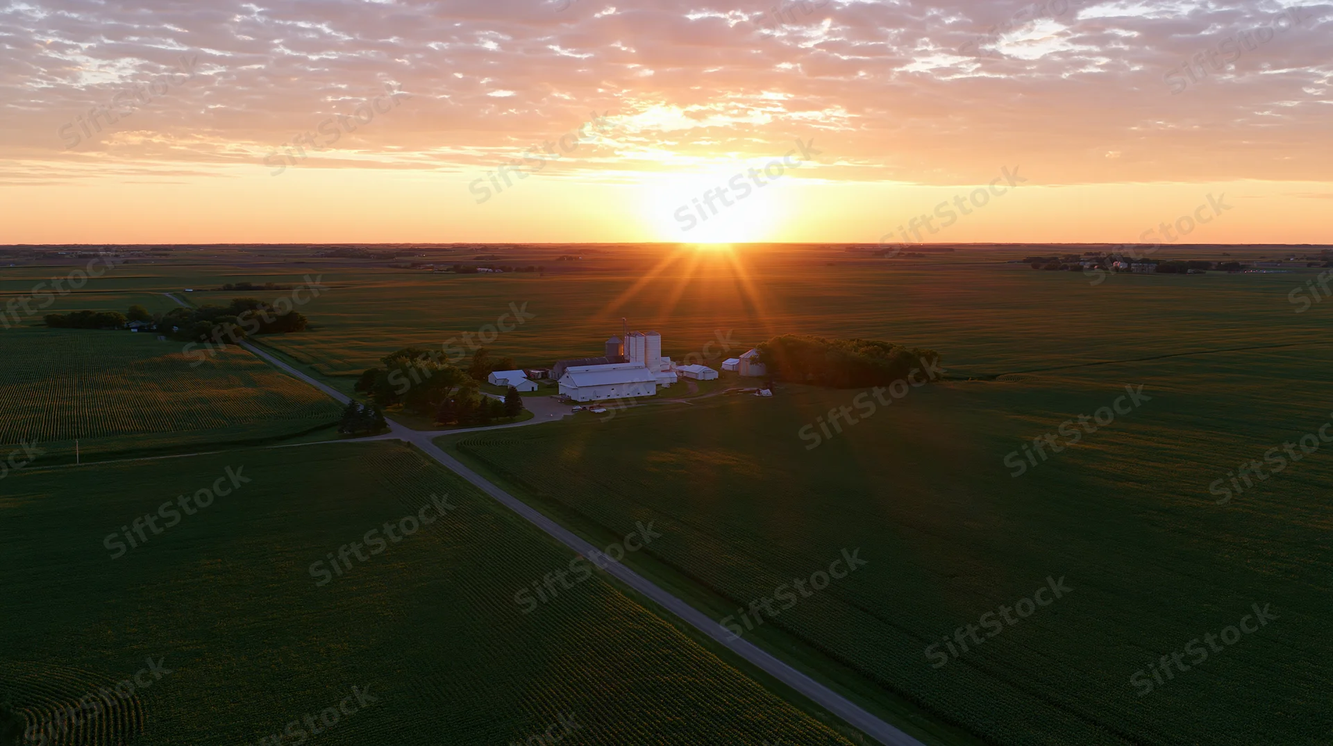 Aerial drone view of vast flat farmland at sunset with farm buildings and cornfields