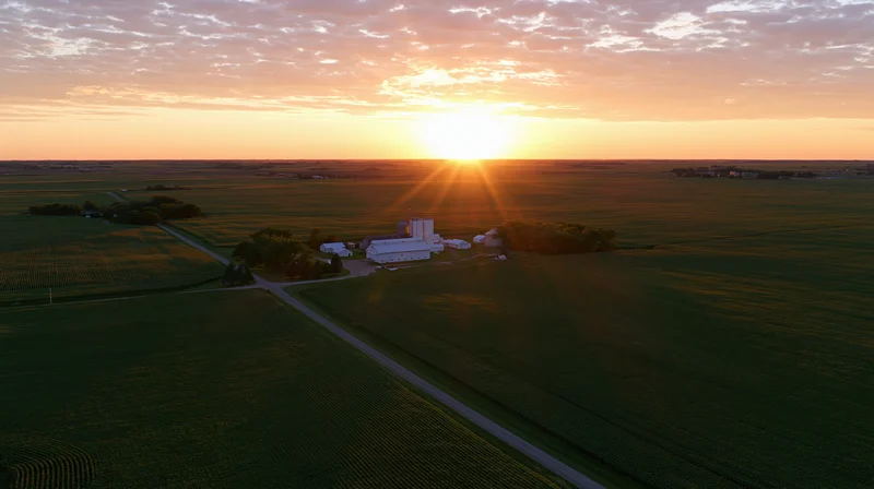 Aerial drone view of vast flat farmland at sunset with farm buildings and cornfields