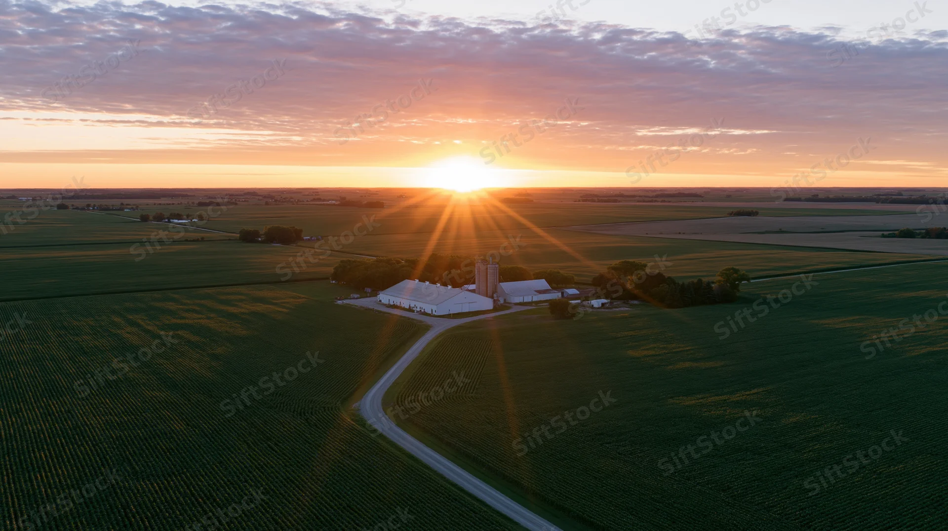 Aerial view of a farm at sunset over vast flat farmland with cornfields and barns