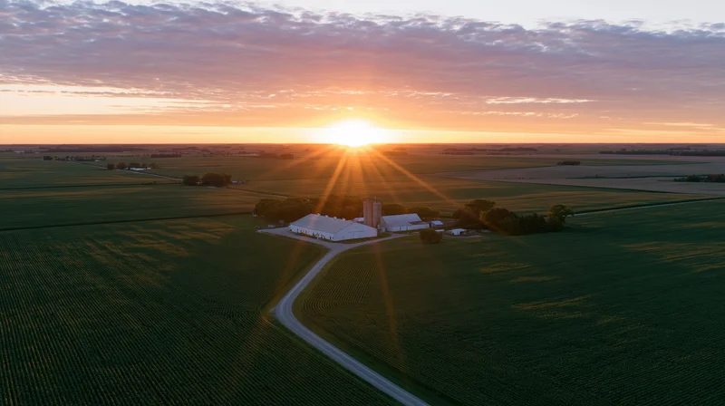 Aerial view of a farm at sunset over vast flat farmland with cornfields and barns