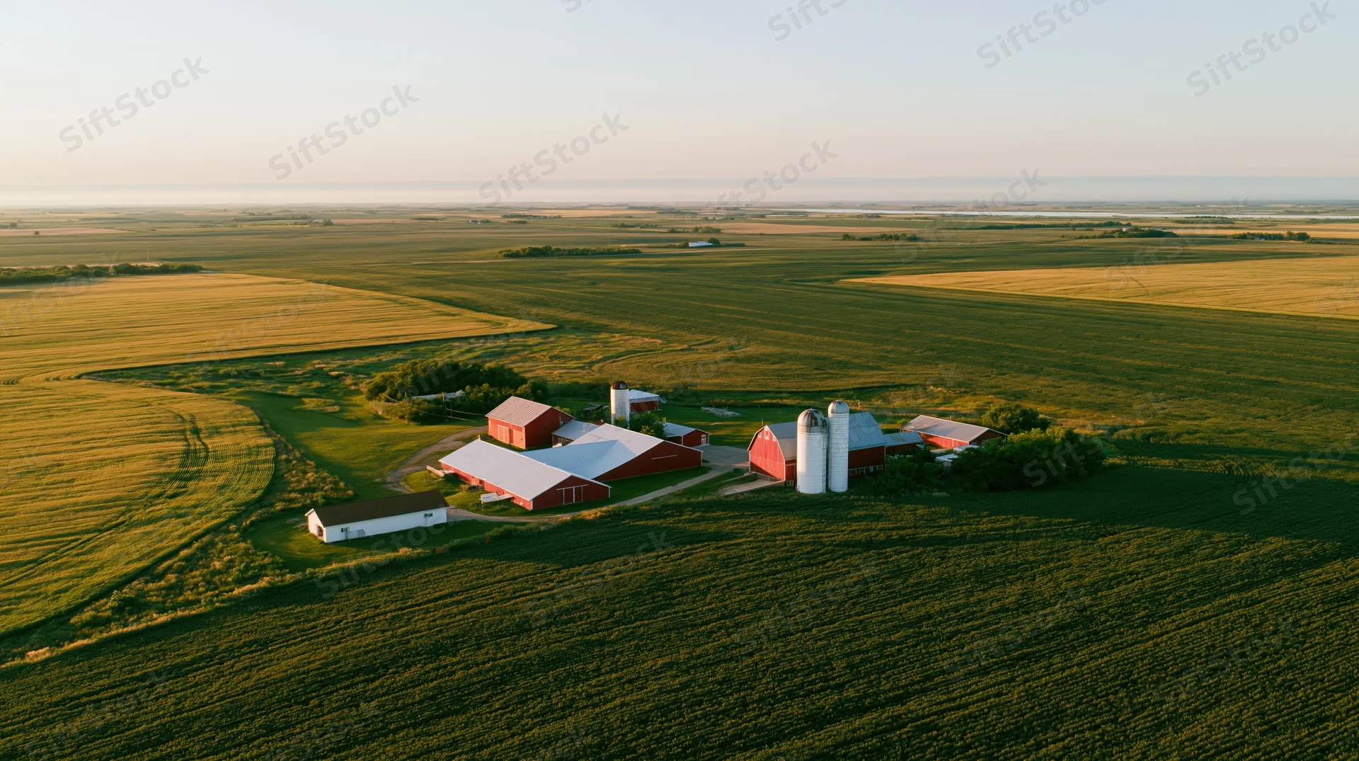 Aerial drone view of a midwestern farm compound with red barns and green fields at sunset