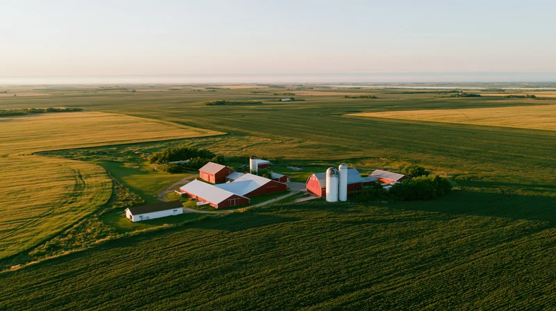 Aerial drone view of a midwestern farm compound with red barns and green fields at sunset