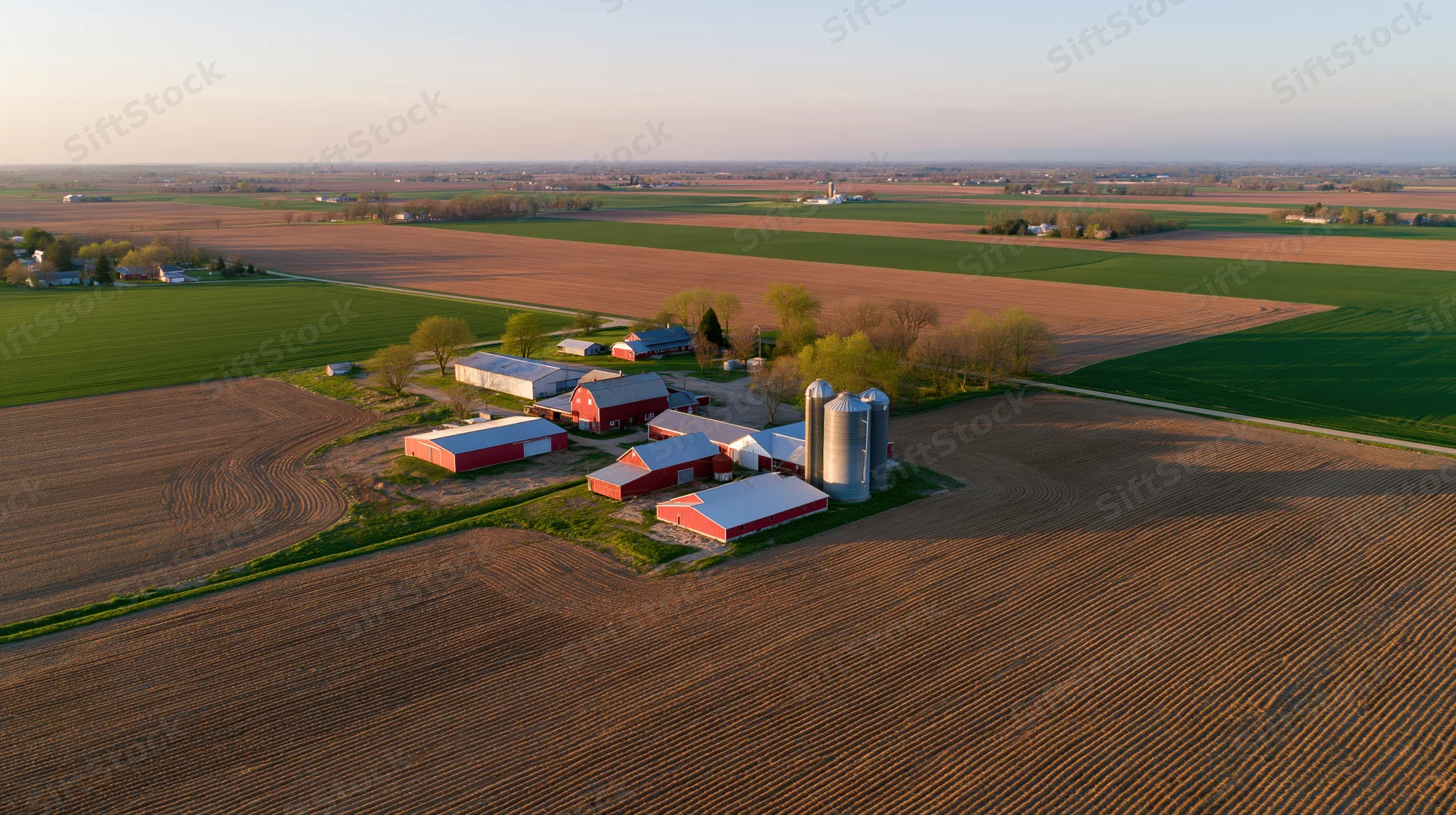 Aerial drone view of midwestern farm compound with red barns and silos surrounded by plowed fields at sunset