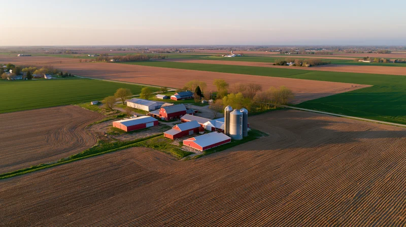 Aerial drone view of midwestern farm compound with red barns and silos surrounded by plowed fields at sunset