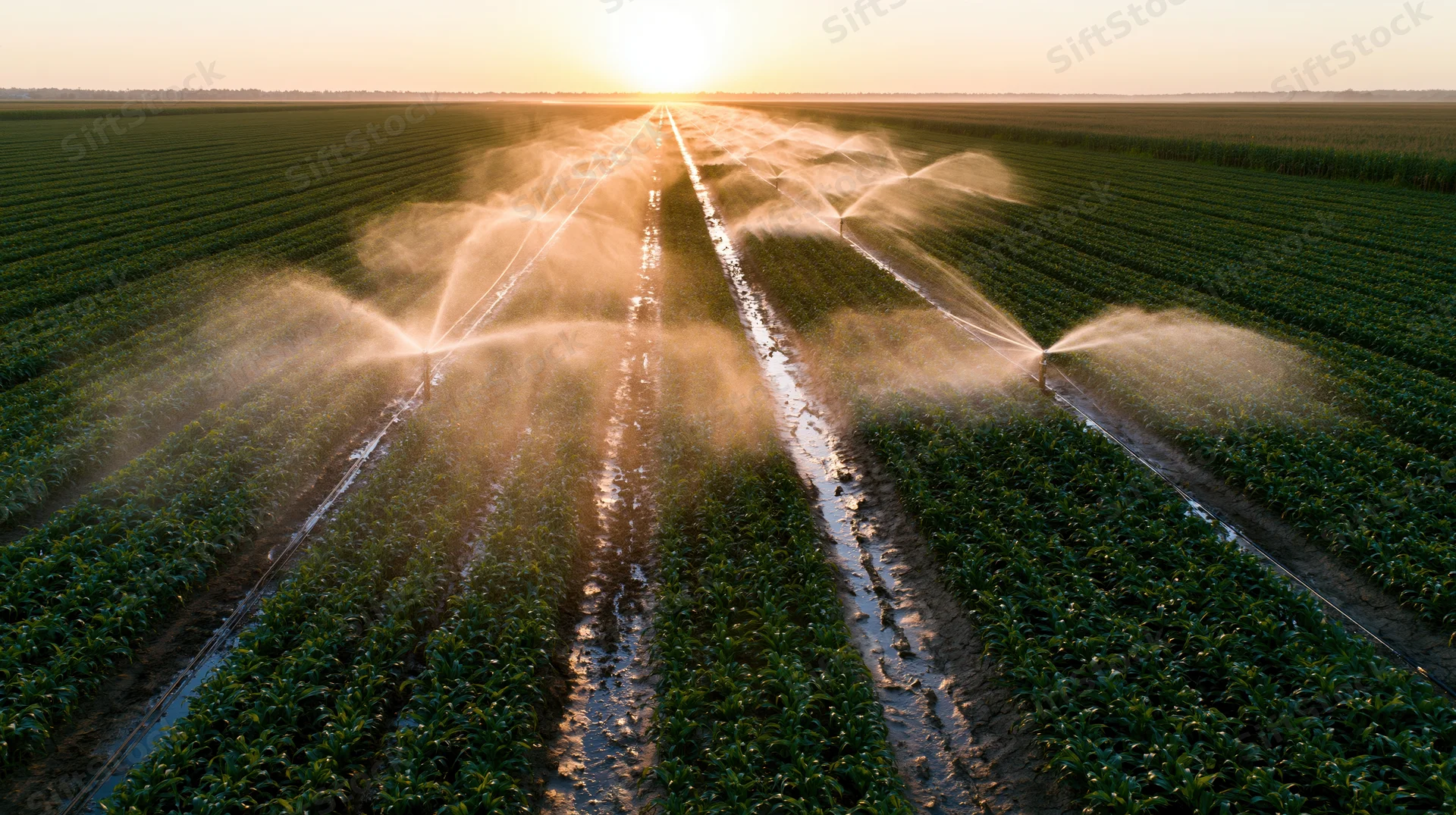 Aerial view of sprinklers watering rows of crops in a large field at sunset