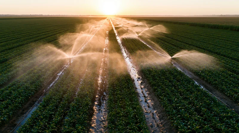 Aerial view of sprinklers watering rows of crops in a large field at sunset