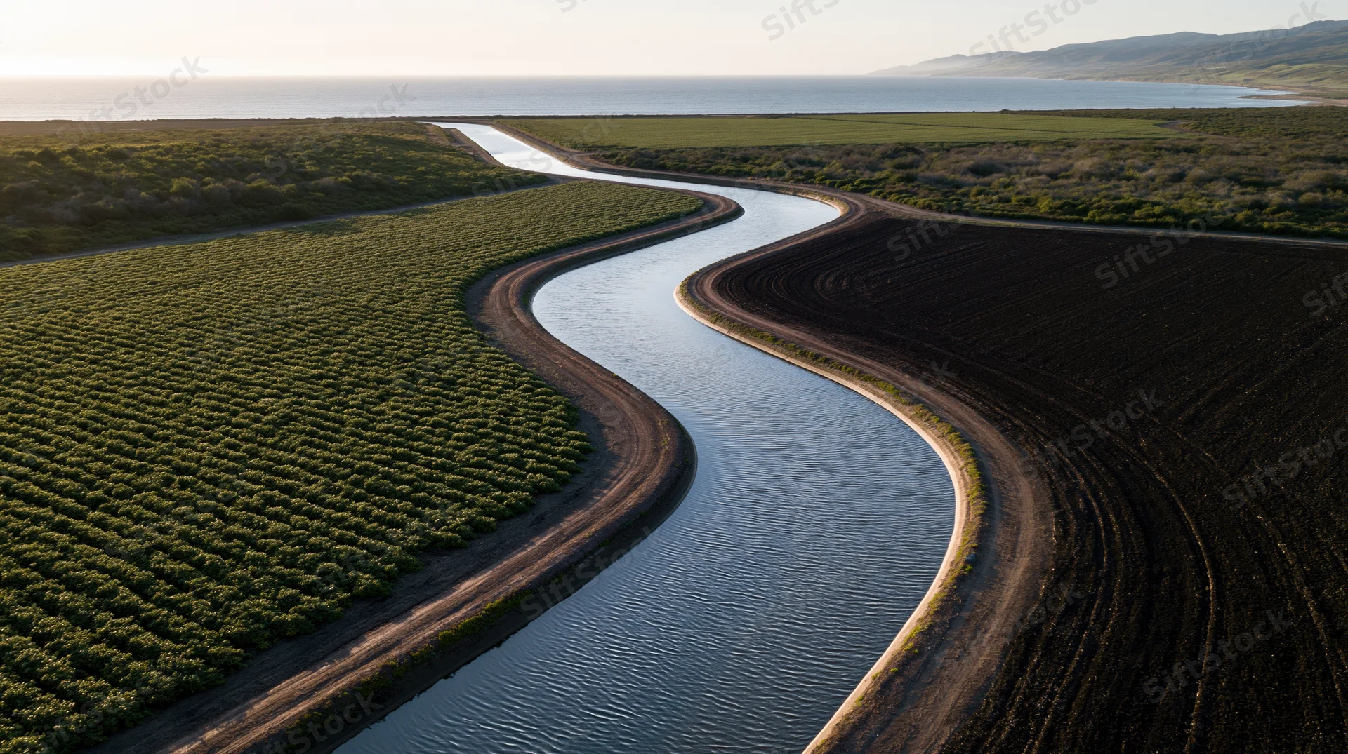 Winding irrigation canal flowing through cultivated fields and vineyards near the coast at sunset