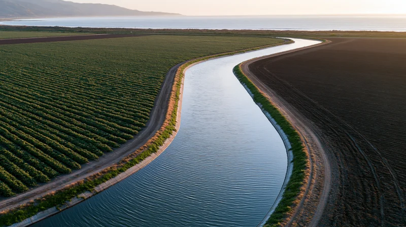 Winding irrigation canal between green crops and plowed fields near ocean at sunset
