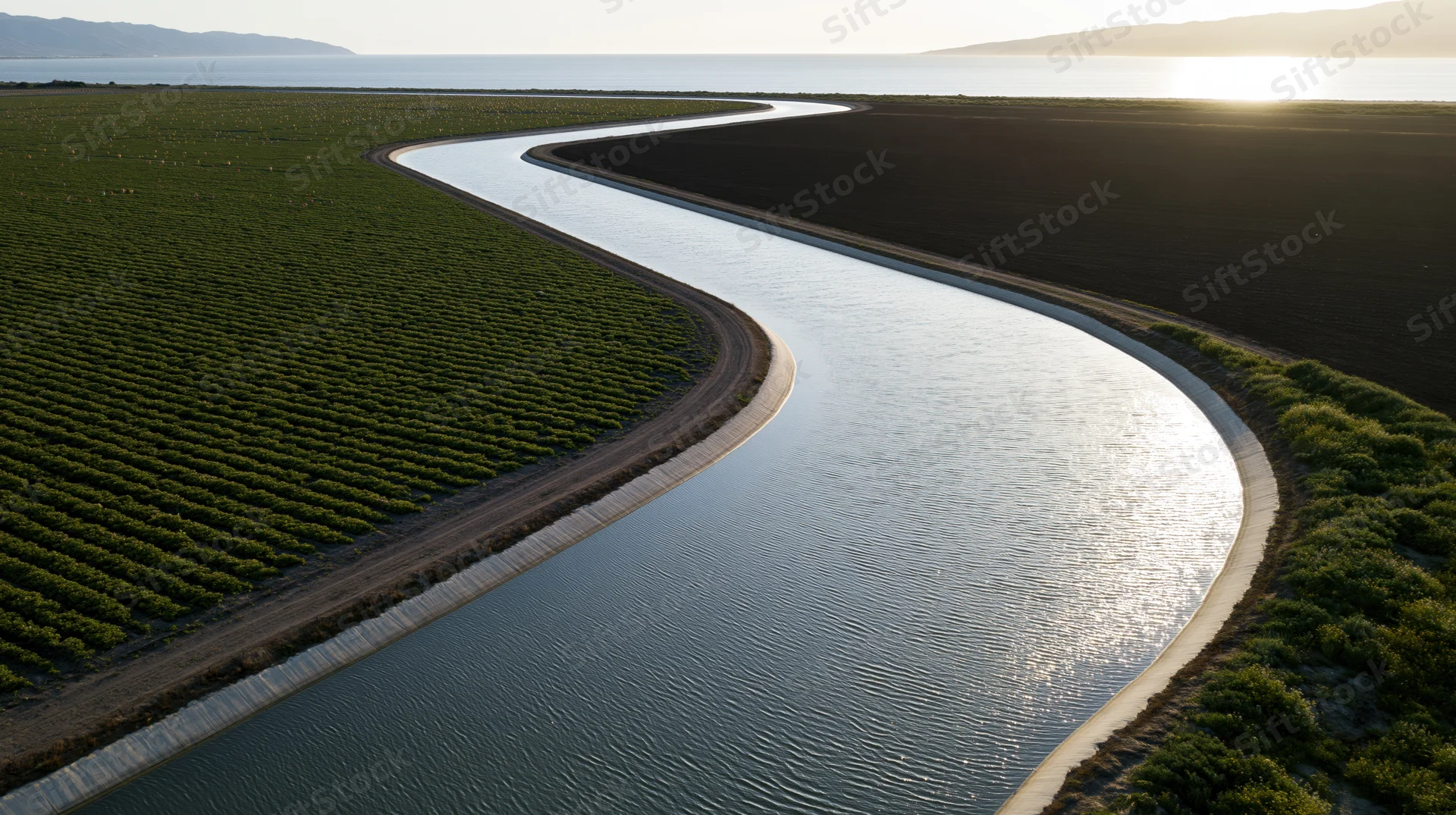 Winding irrigation canal flowing through vineyard fields near coastal horizon at sunset