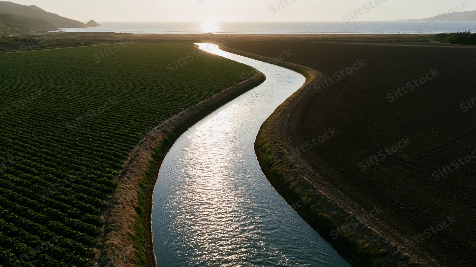 Winding irrigation canal flowing between green crops and tilled fields toward the ocean at sunset