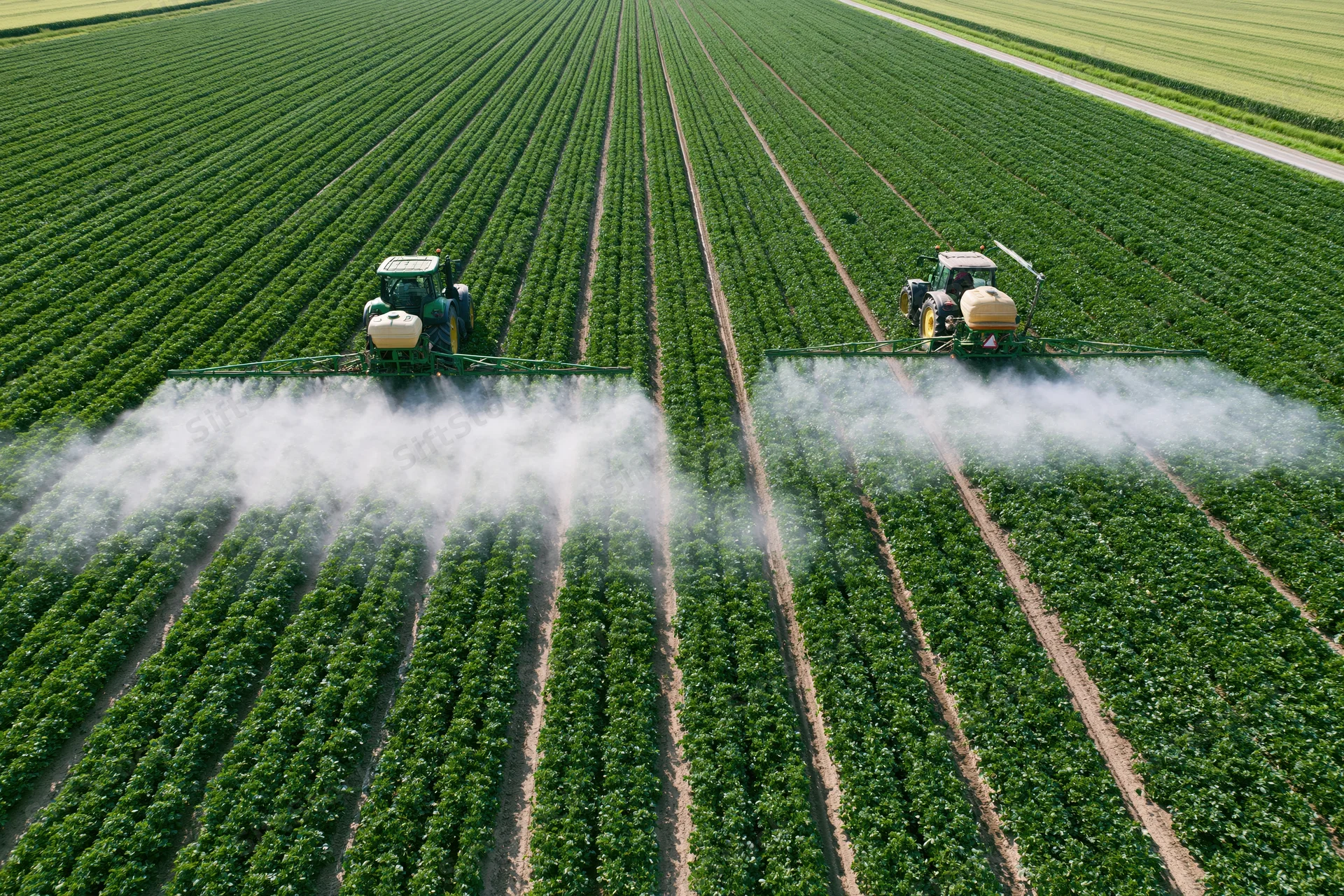 Two tractors spraying pesticide across a green soybean field from above