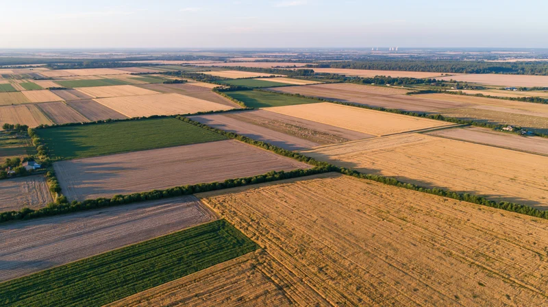 Aerial drone view of patchwork agricultural fields stretching across rural countryside under sunlight