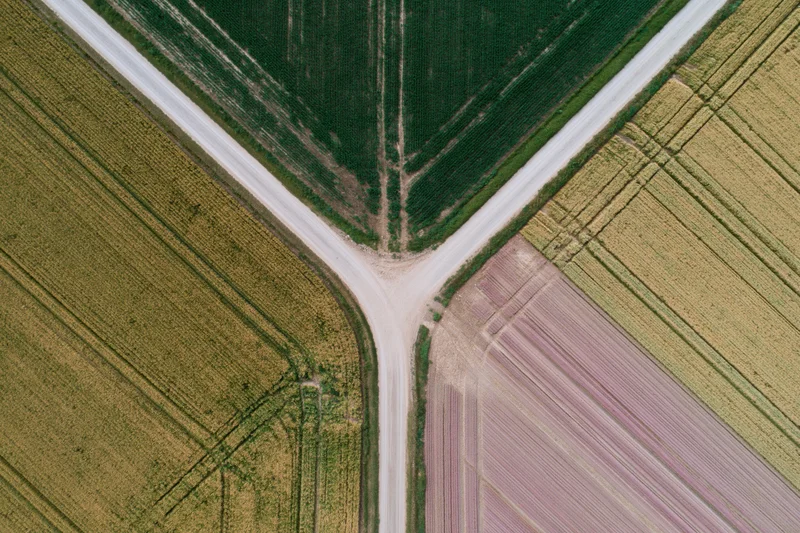 Aerial top-down view of intersecting dirt roads dividing colorful agricultural fields
