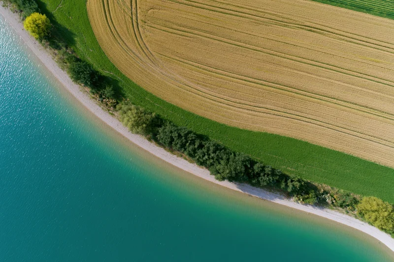 Aerial top-down view of golden agricultural fields bordering a turquoise river with green vegetation along the shoreline