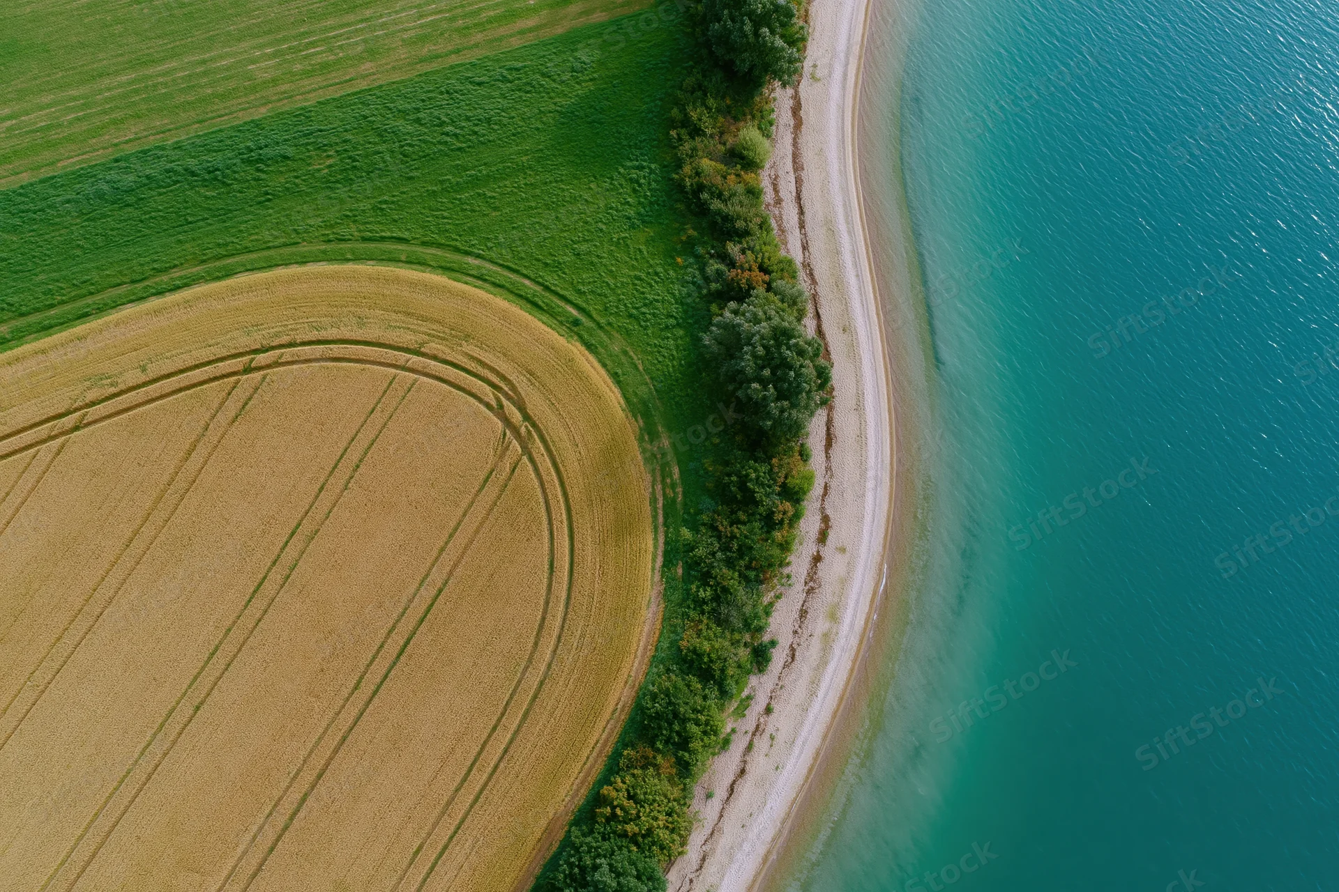 Aerial top-down view of agricultural fields meeting a turquoise lake shore